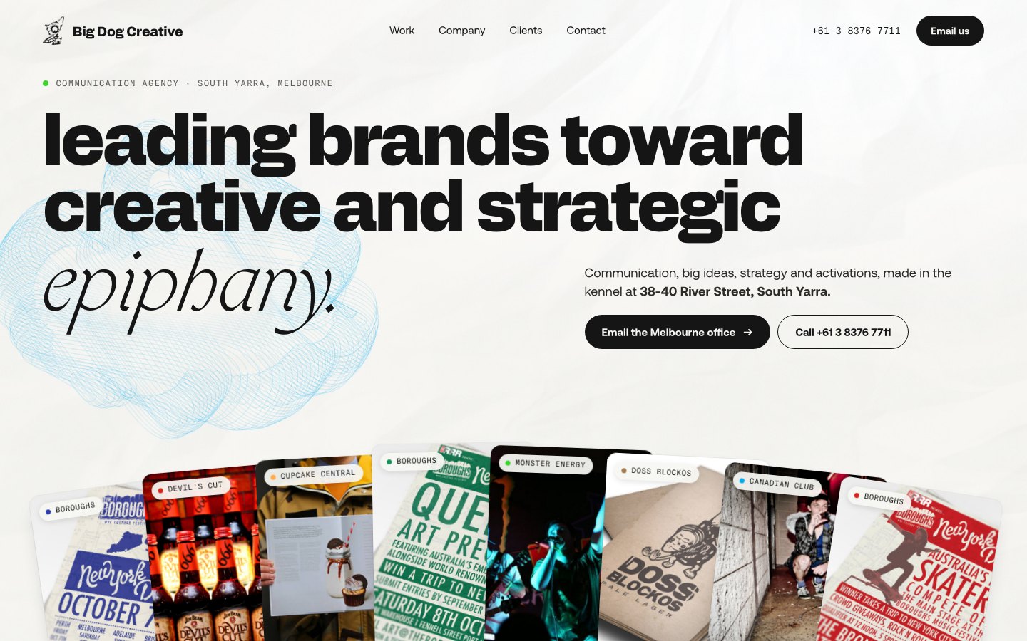 Light homepage with the epiphany headline and fanned posters