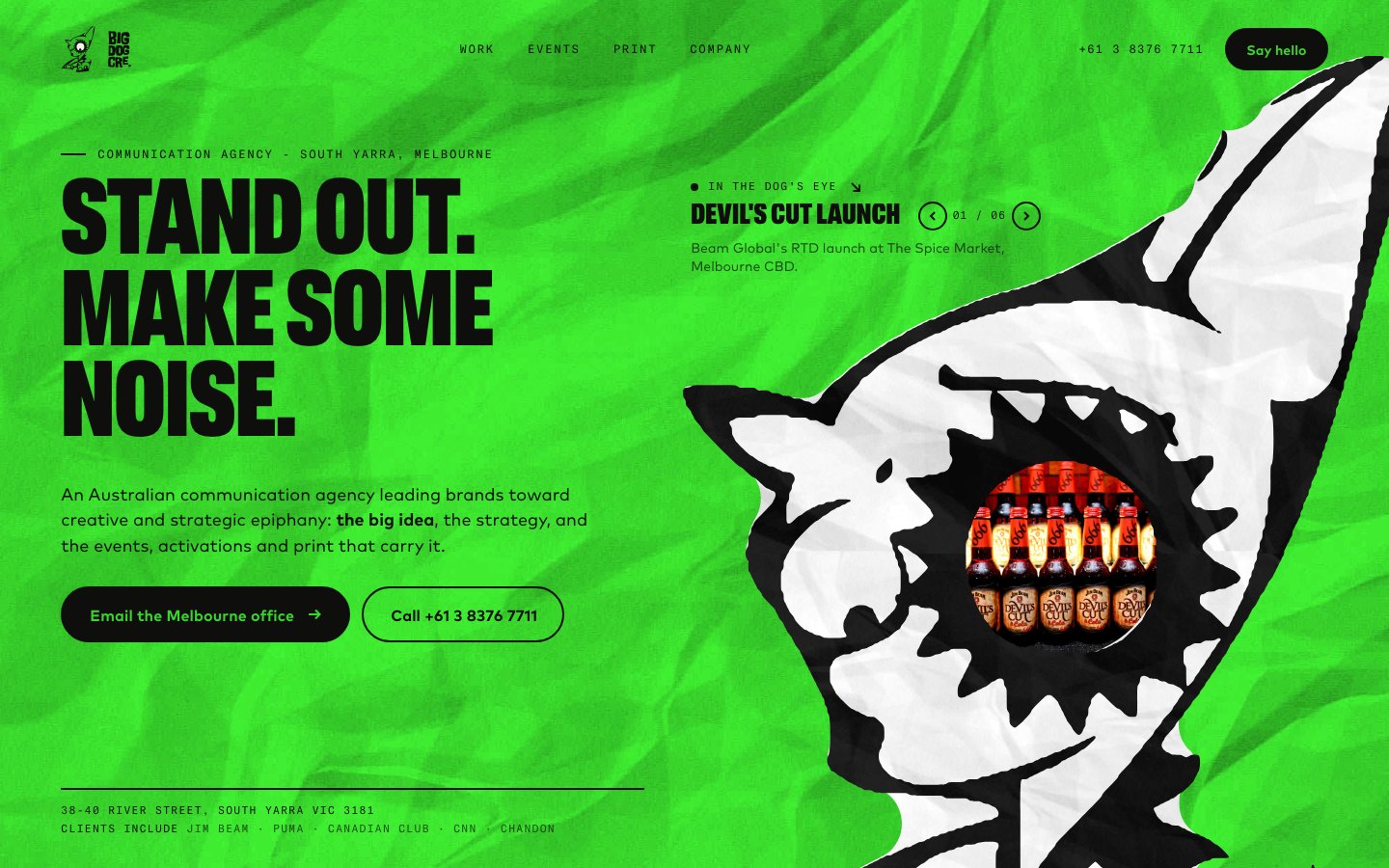 Lime homepage with the dog's eye showing the work
